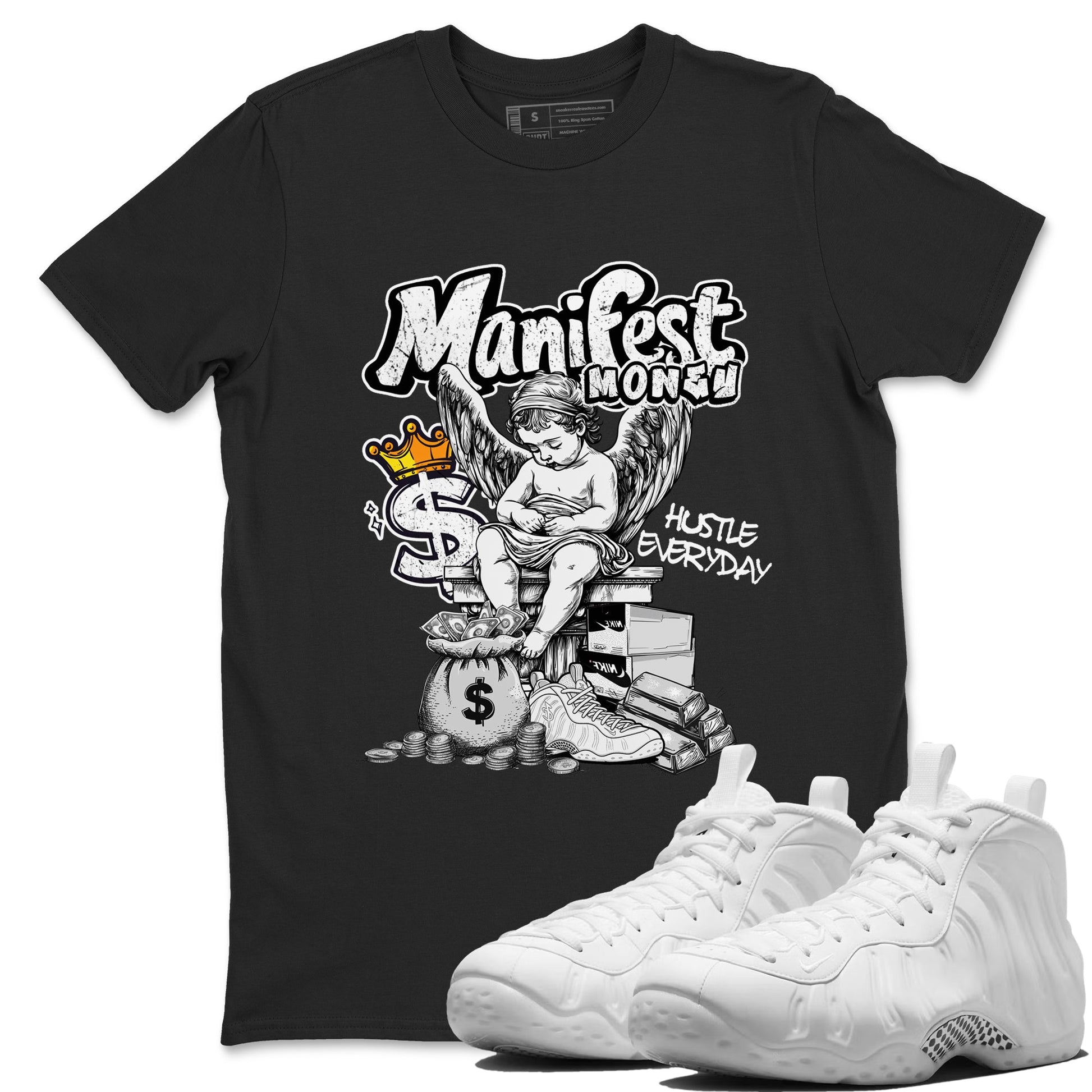 Manifest Money sneaker match t-shirt styled to complete your fit with the Air Foamposite One Triple White sneakers, shown in Black 1.