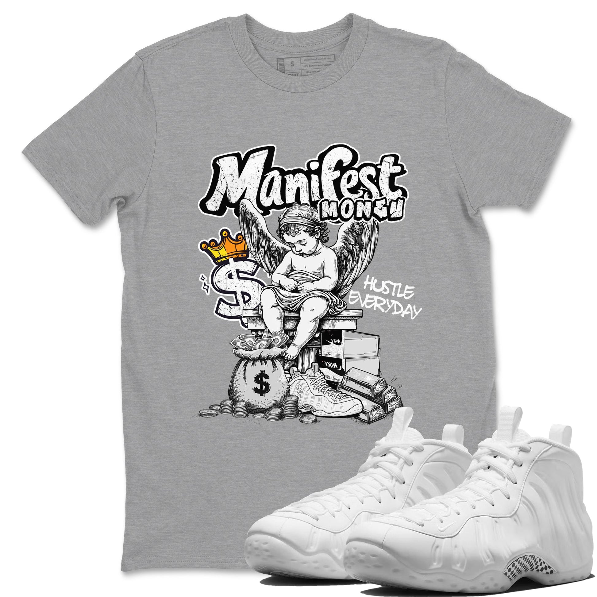 Manifest Money sneaker match t-shirt styled to complete your fit with the Air Foamposite One Triple White sneakers, shown in Heather Grey 1.