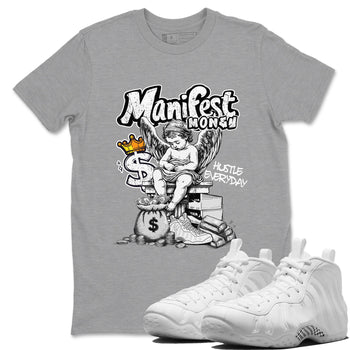 Manifest Money sneaker match t-shirt styled to complete your fit with the Air Foamposite One Triple White sneakers, shown in Heather Grey 1.