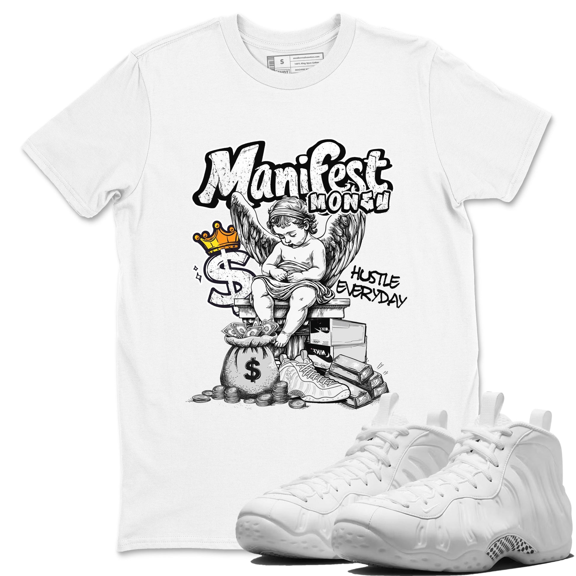 Manifest Money sneaker match t-shirt styled to complete your fit with the Air Foamposite One Triple White sneakers, shown in White 1.