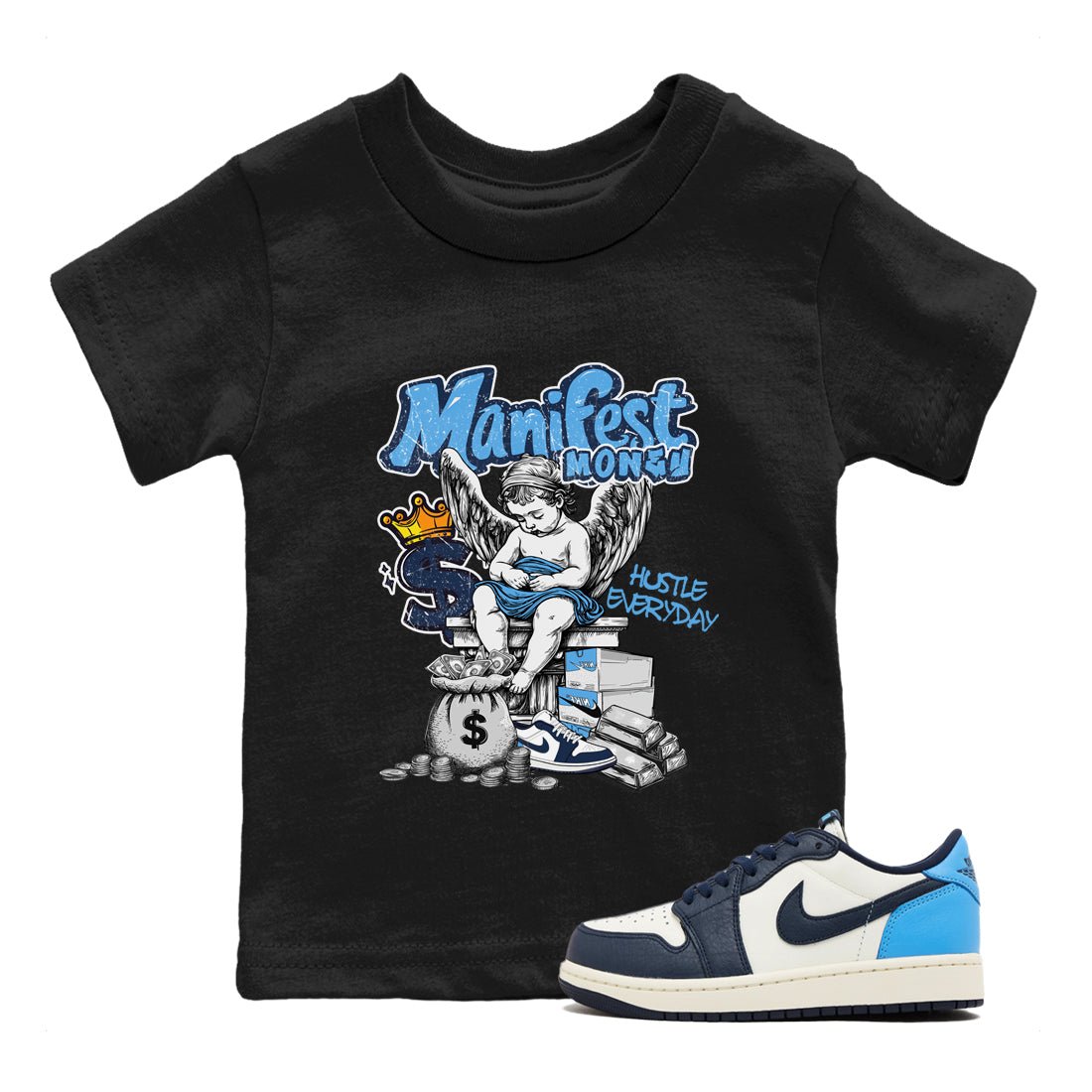 1s Obsidian shirts to match jordans Manifest Money shirts to match Jordans AJ1 Retro Low OG Obsidian match shoes to clothes SNRT Sneaker Tees Youth Baby Black 1 tee