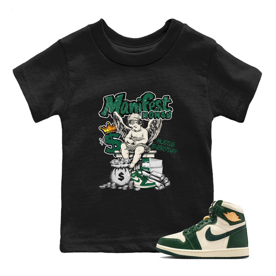 Sneaker Threads – Sneaker Tees To Match Air Jordan 1 Pro Green – Manifest Money Youth Graphic Tee Black 1. Perfect for Jordan releases 2025 colorways.