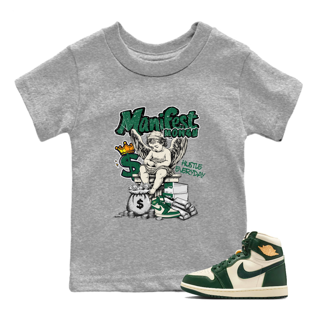Sneaker Threads – Sneaker Tees To Match Air Jordan 1 Pro Green – Manifest Money Youth Graphic Tee Heather Grey 1. Perfect for Jordan releases 2025 colorways.
