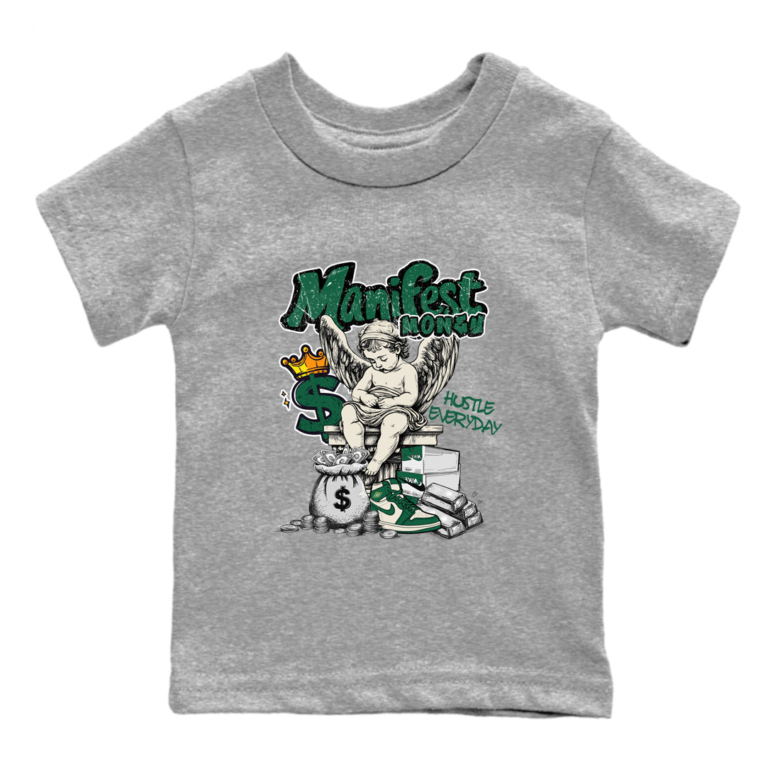 Sneaker Threads – Sneaker Tees To Match Air Jordan 1 Pro Green – Manifest Money Youth Graphic Tee Heather Grey 2. Perfect for Jordan releases 2025 colorways.