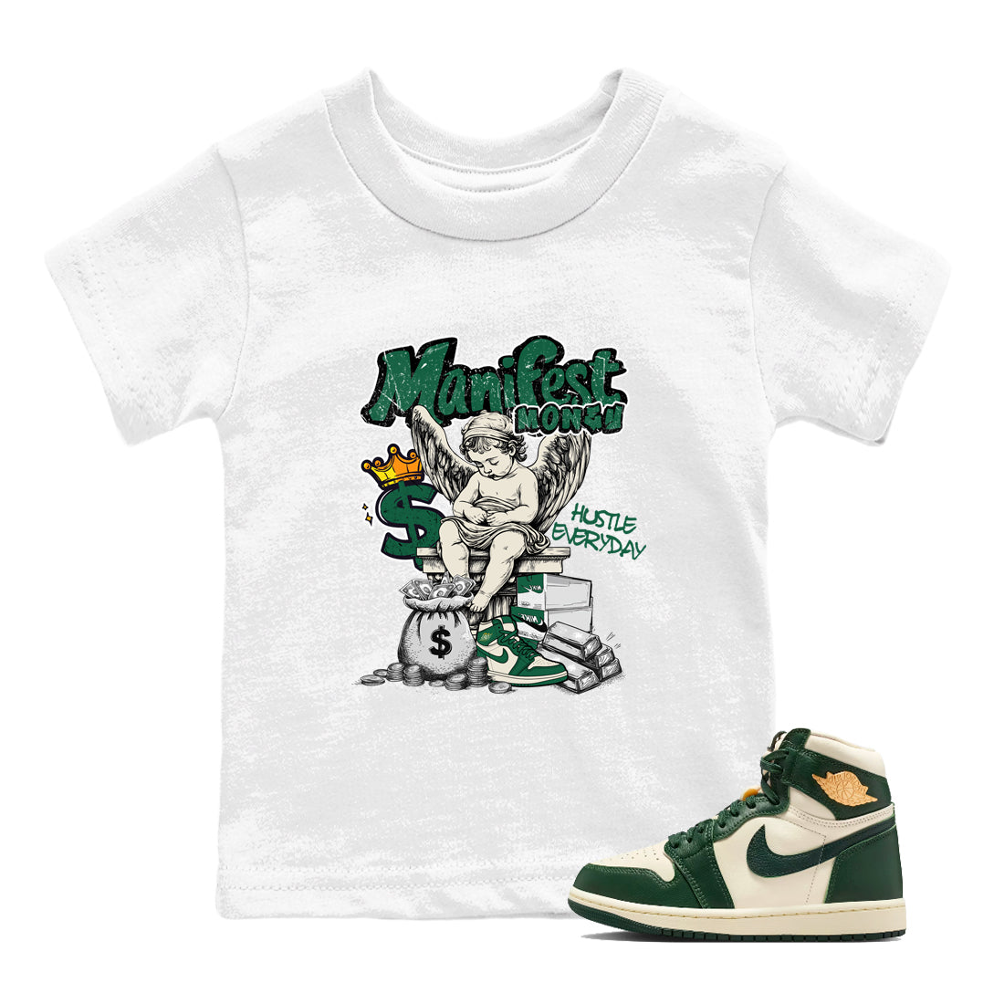 Sneaker Threads – Sneaker Tees To Match Air Jordan 1 Pro Green – Manifest Money Youth Graphic Tee White 1. Perfect for Jordan releases 2025 colorways.