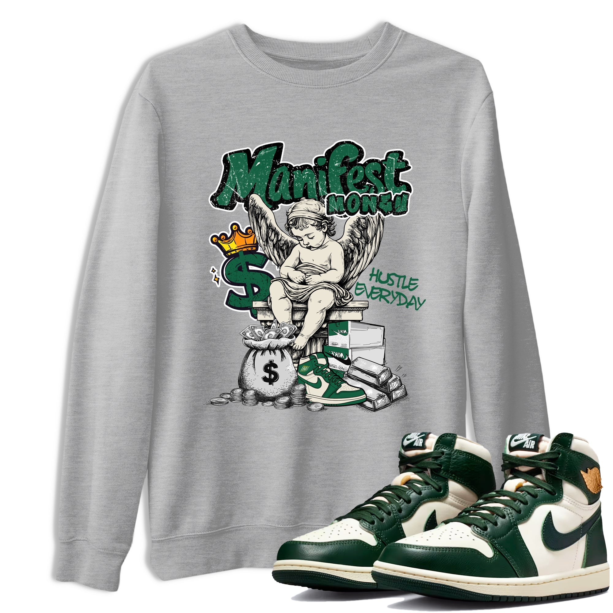 Sneaker Threads – Sneaker Tees To Match Air Jordan 1 Pro Green – Manifest Money Graphic Tee Heather Grey 1. Perfect for Jordan releases 2025 colorways.