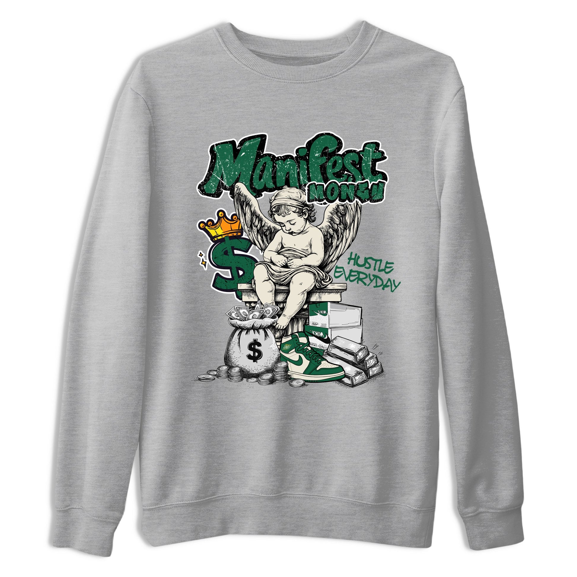 Sneaker Threads – Sneaker Tees To Match Air Jordan 1 Pro Green – Manifest Money Graphic Tee Heather Grey 2. Perfect for Jordan releases 2025 colorways.