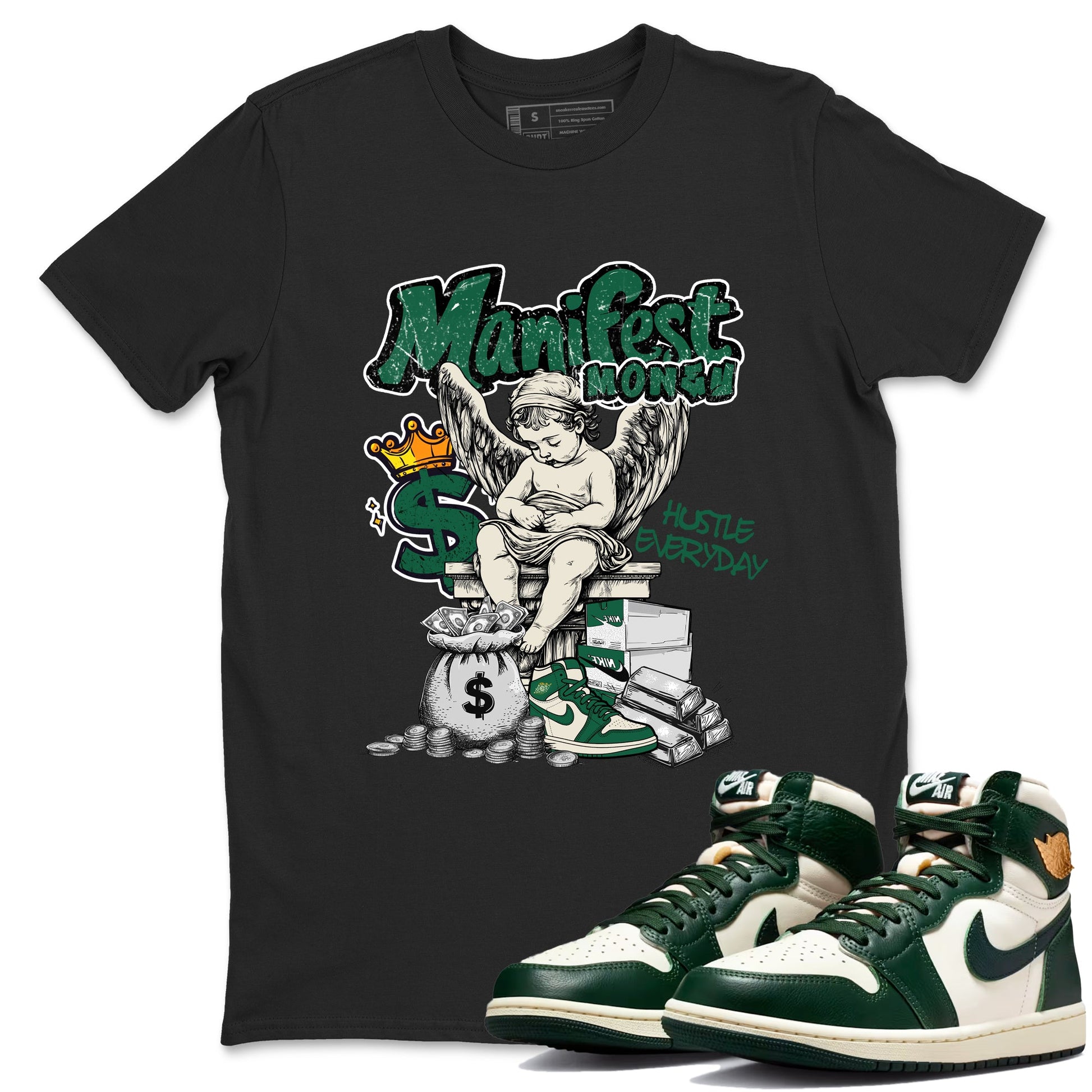 Sneaker Threads – Sneaker Tees To Match Air Jordan 1 Pro Green – Manifest Money Graphic Tee Black 1. Perfect for Jordan releases 2025 colorways.
