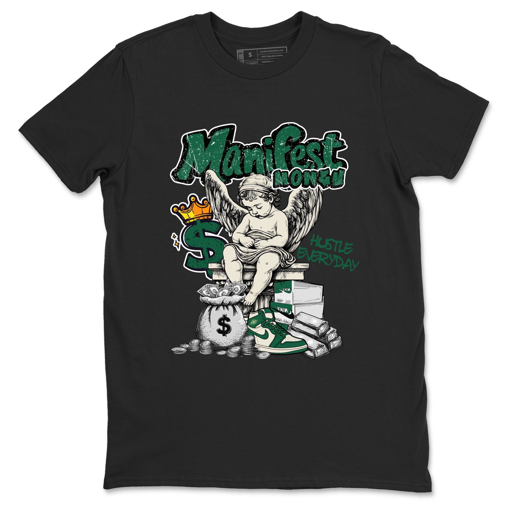 Sneaker Threads – Sneaker Tees To Match Air Jordan 1 Pro Green – Manifest Money Graphic Tee Black 2. Perfect for Jordan releases 2025 colorways.