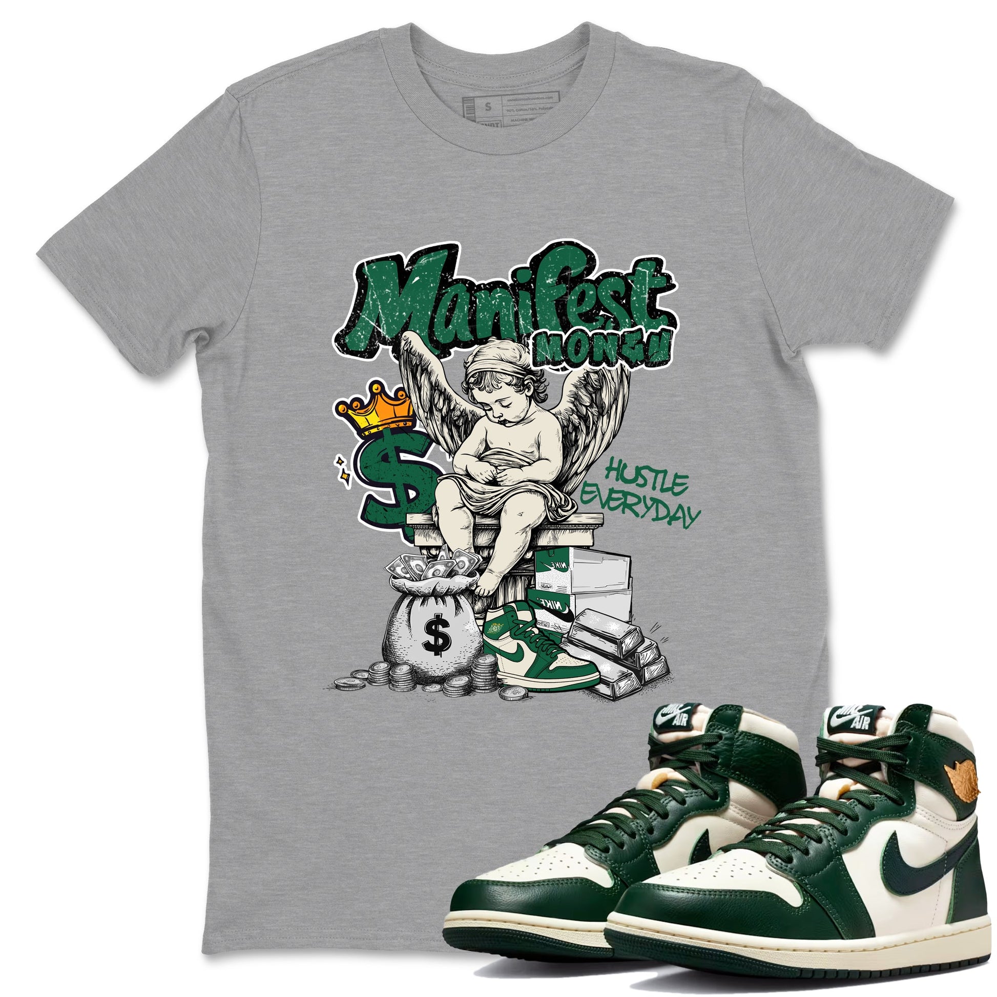 Sneaker Threads – Sneaker Tees To Match Air Jordan 1 Pro Green – Manifest Money Graphic Tee Heather Grey 1. Perfect for Jordan releases 2025 colorways.