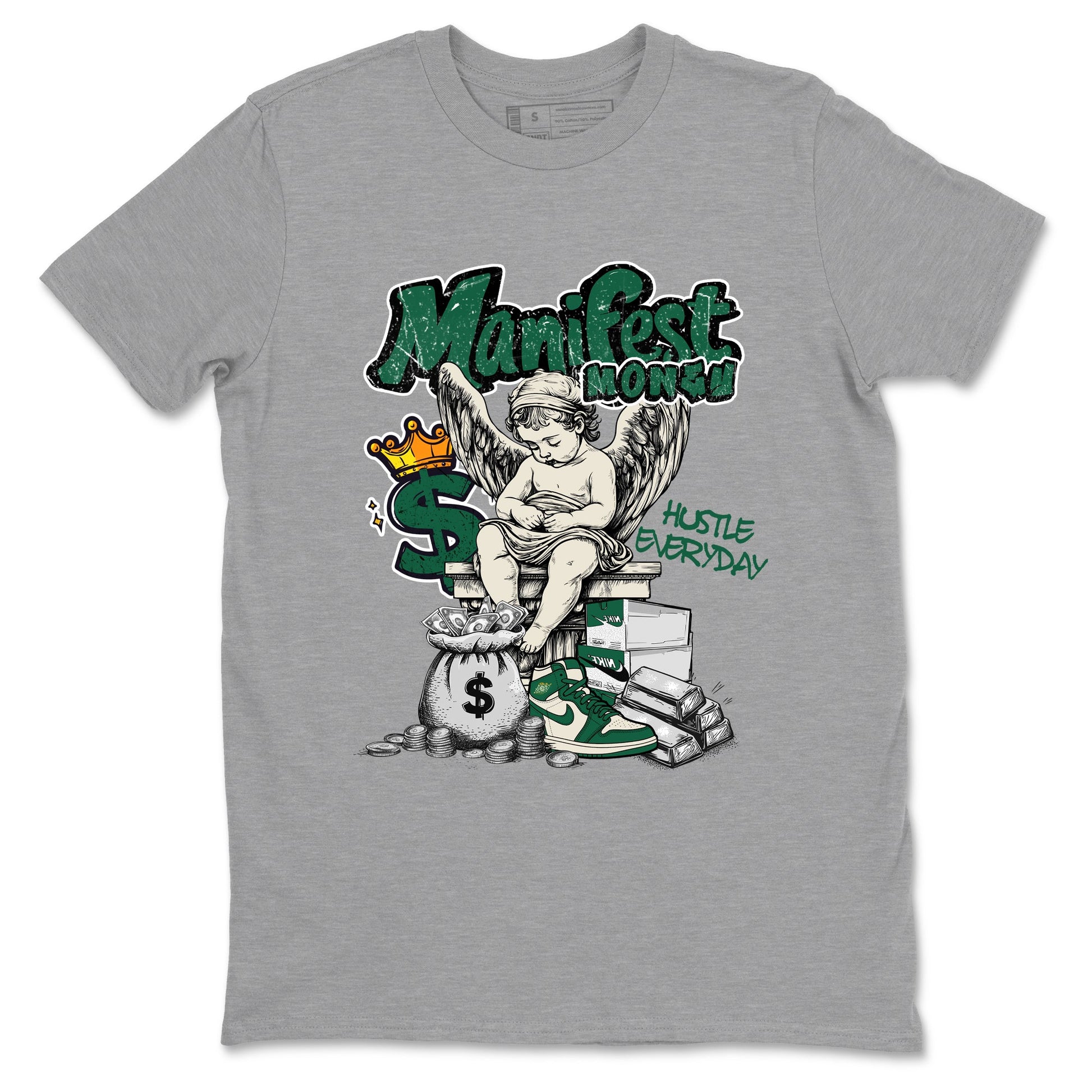 Sneaker Threads – Sneaker Tees To Match Air Jordan 1 Pro Green – Manifest Money Graphic Tee Heather Grey 2. Perfect for Jordan releases 2025 colorways.