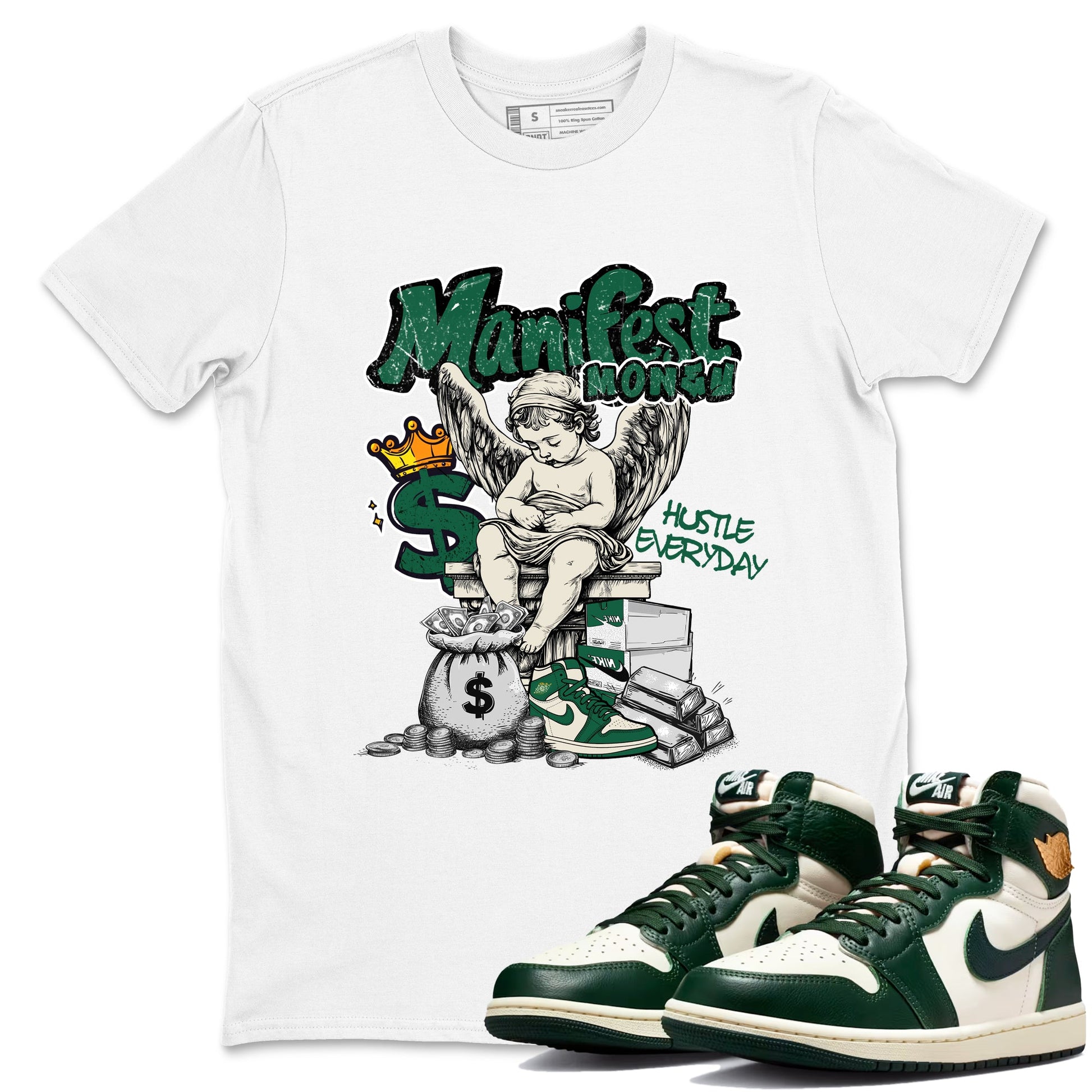 Sneaker Threads – Sneaker Tees To Match Air Jordan 1 Pro Green – Manifest Money Graphic Tee White 1. Perfect for Jordan releases 2025 colorways.