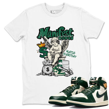 Sneaker Threads – Sneaker Tees To Match Air Jordan 1 Pro Green – Manifest Money Graphic Tee White 1. Perfect for Jordan releases 2025 colorways.