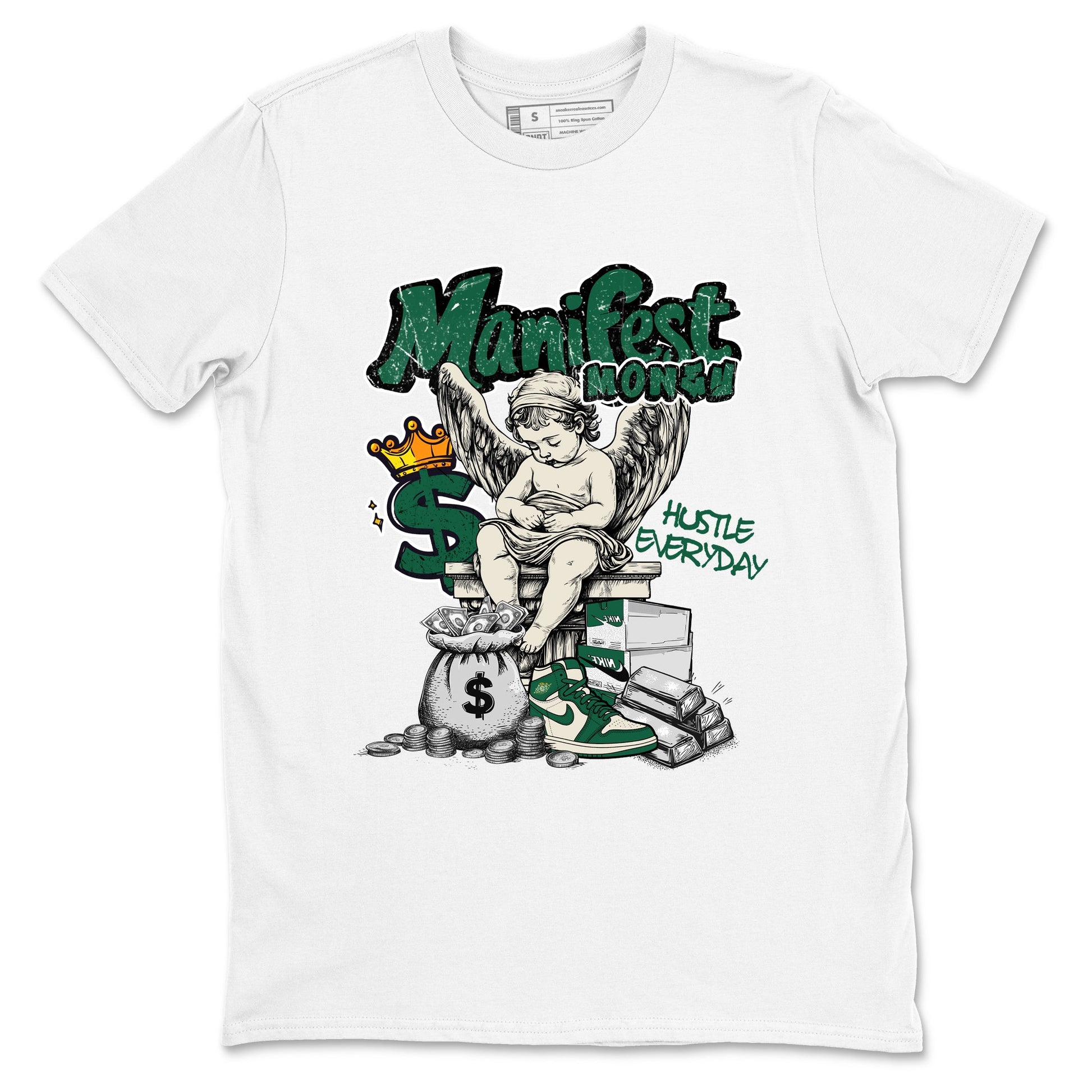 Sneaker Threads – Sneaker Tees To Match Air Jordan 1 Pro Green – Manifest Money Graphic Tee White 2. Perfect for Jordan releases 2025 colorways.