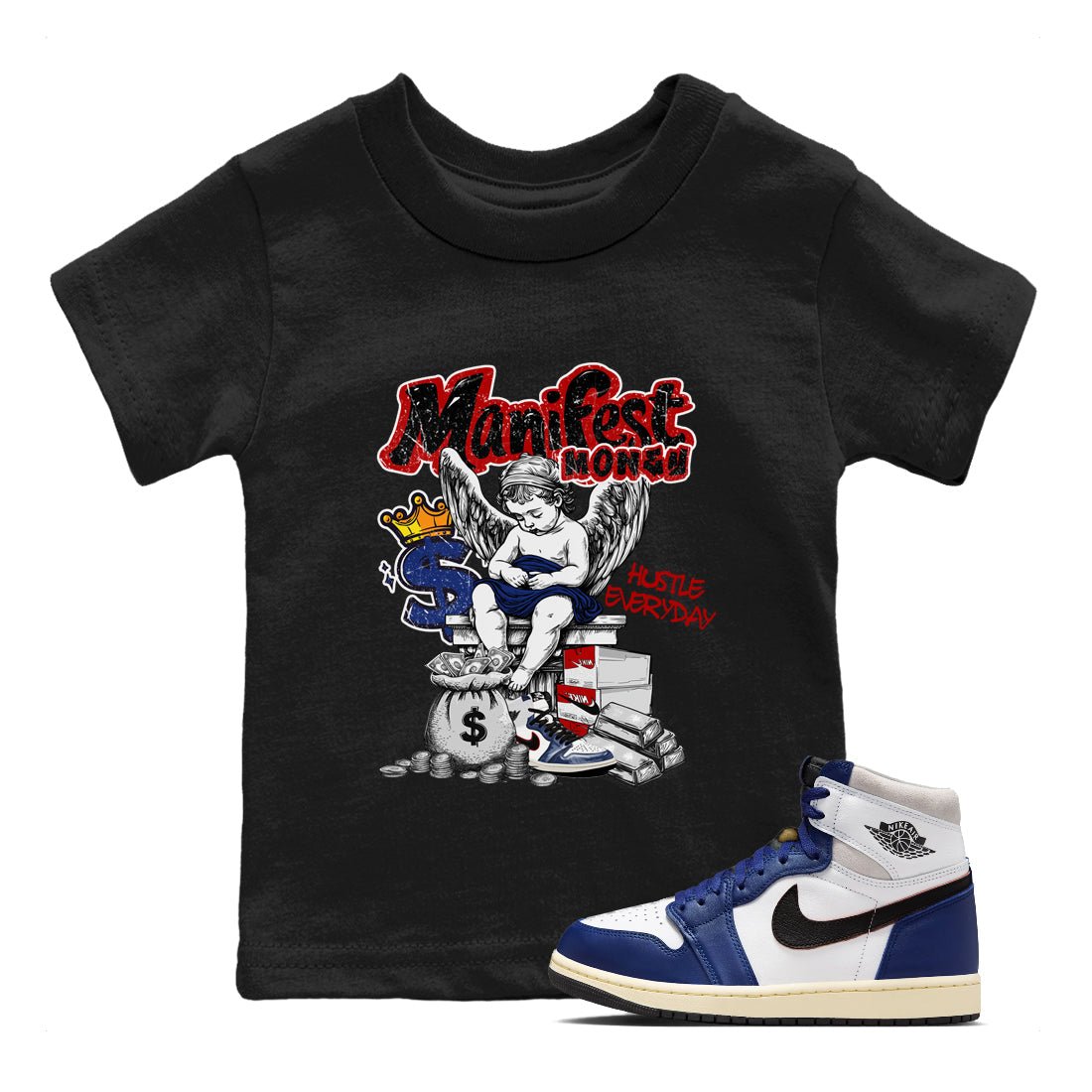 1s Rare Air shirts to match jordans Manifest Money sneaker match tees Air Jordan 1 High OG Rare Air Deep Royal Blue match shoes to clothes SNRT Sneaker Tees Youth Baby Black 1 tee