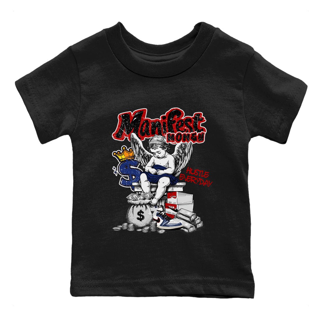1s Rare Air shirts to match jordans Manifest Money sneaker match tees Air Jordan 1 High OG Rare Air Deep Royal Blue match shoes to clothes SNRT Sneaker Tees Youth Baby Black 2 tee