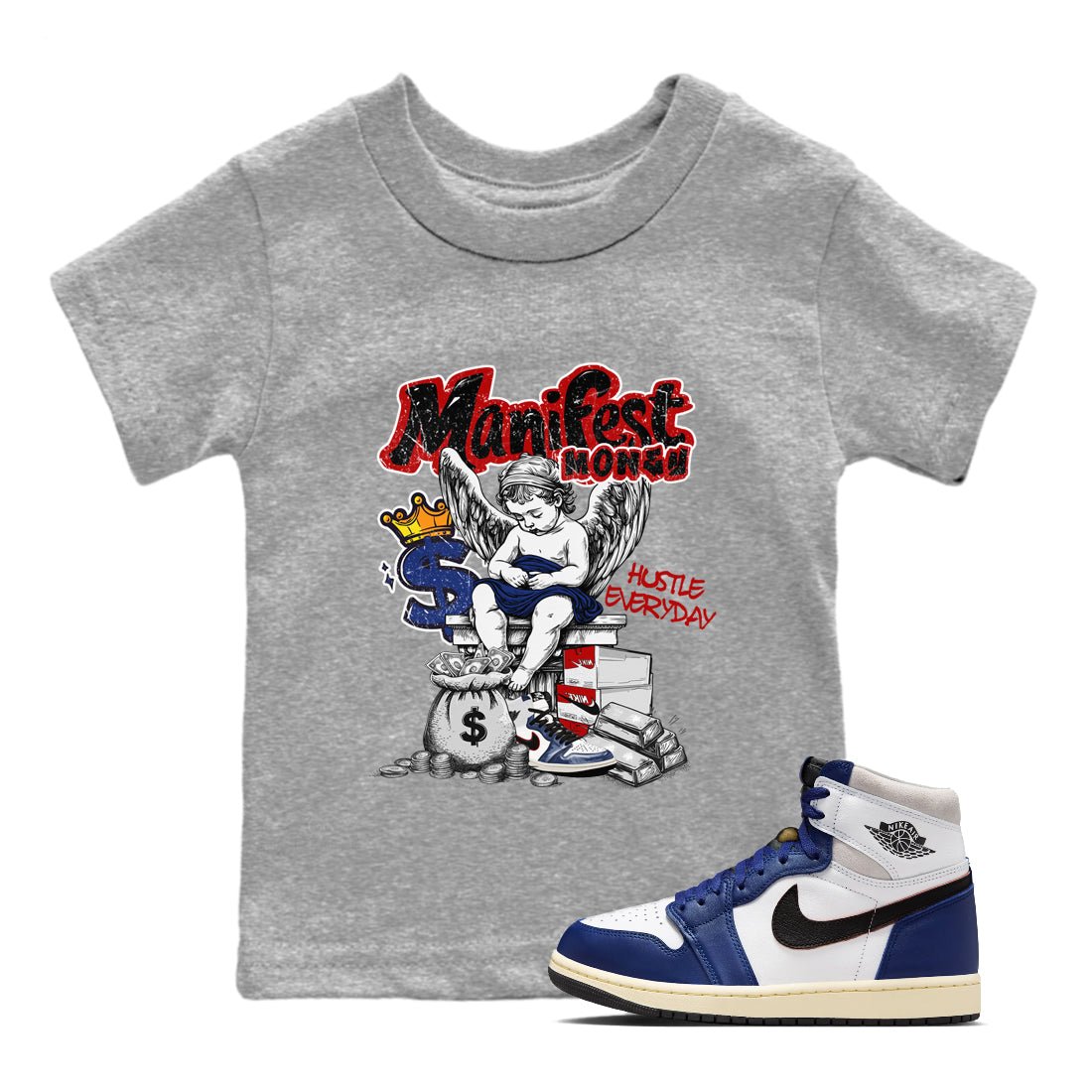 1s Rare Air shirts to match jordans Manifest Money sneaker match tees Air Jordan 1 High OG Rare Air Deep Royal Blue match shoes to clothes SNRT Sneaker Tees Youth Baby Heather Grey 1 tee