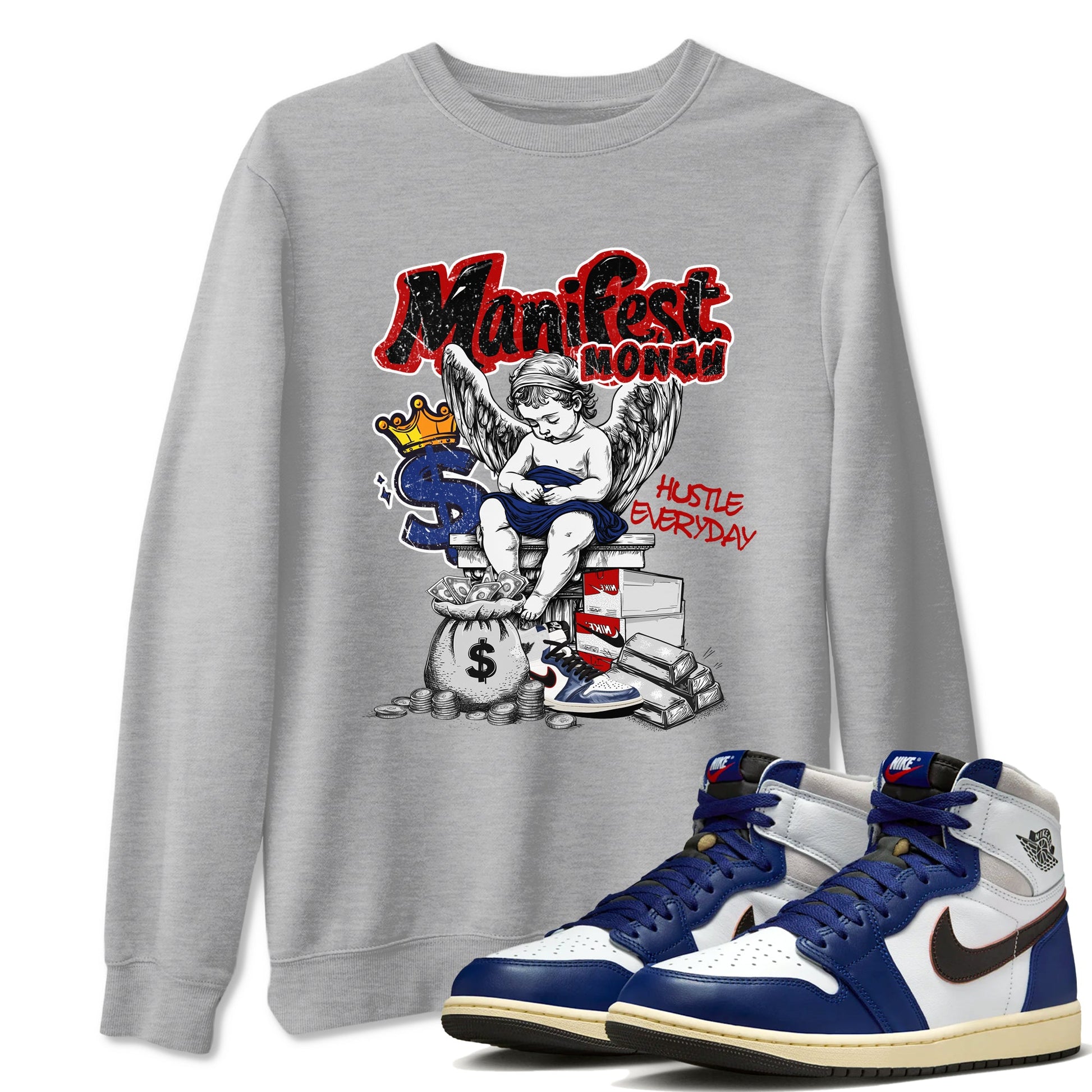 1s Rare Air shirts to match jordans Manifest Money sneaker match tees Air Jordan 1 High OG Rare Air Deep Royal Blue match shoes to clothes SNRT Sneaker Tees unisex cotton Heather Grey 1 shirts
