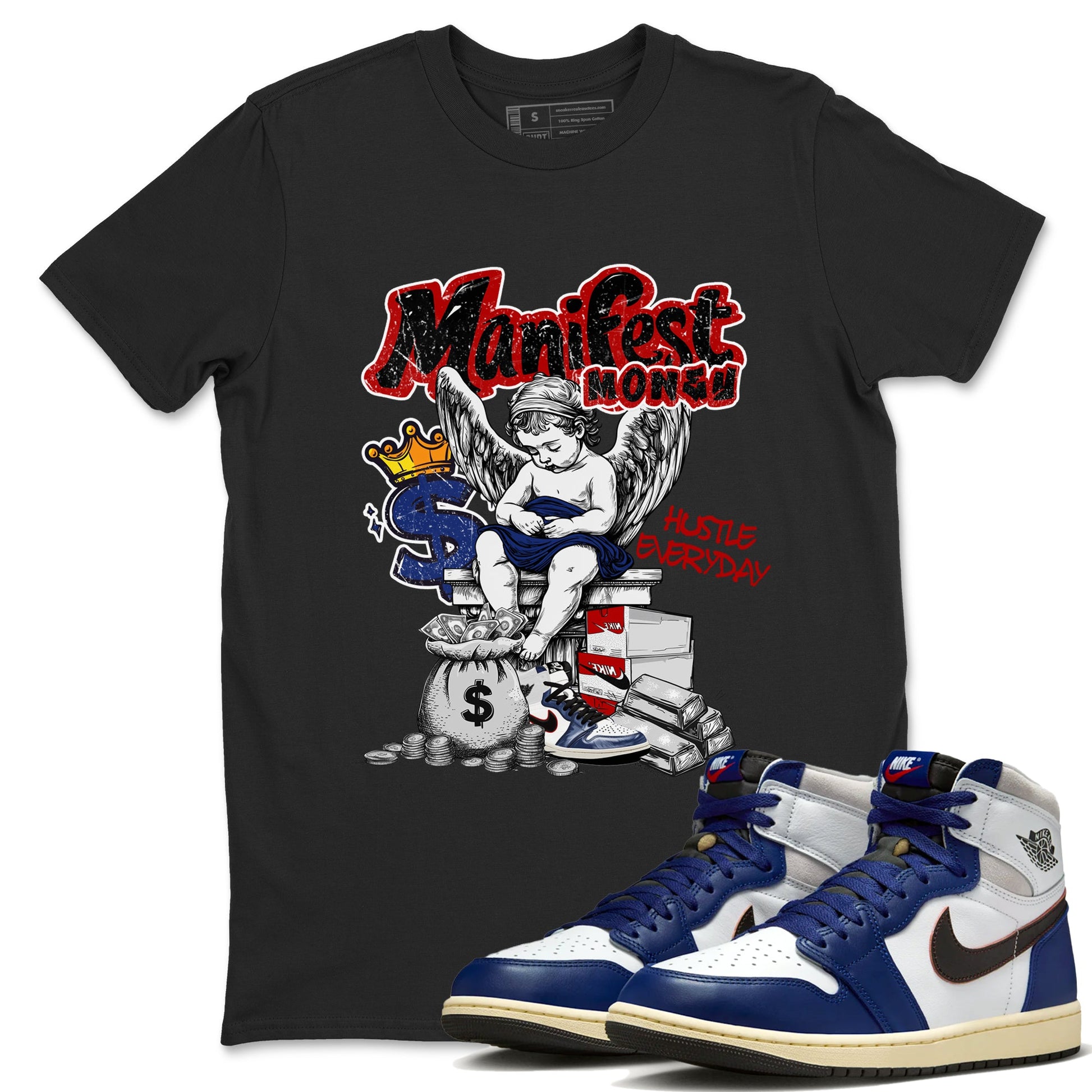 1s Rare Air shirts to match jordans Manifest Money sneaker match tees Air Jordan 1 High OG Rare Air Deep Royal Blue match shoes to clothes SNRT Sneaker Tees unisex cotton Black 1 shirts