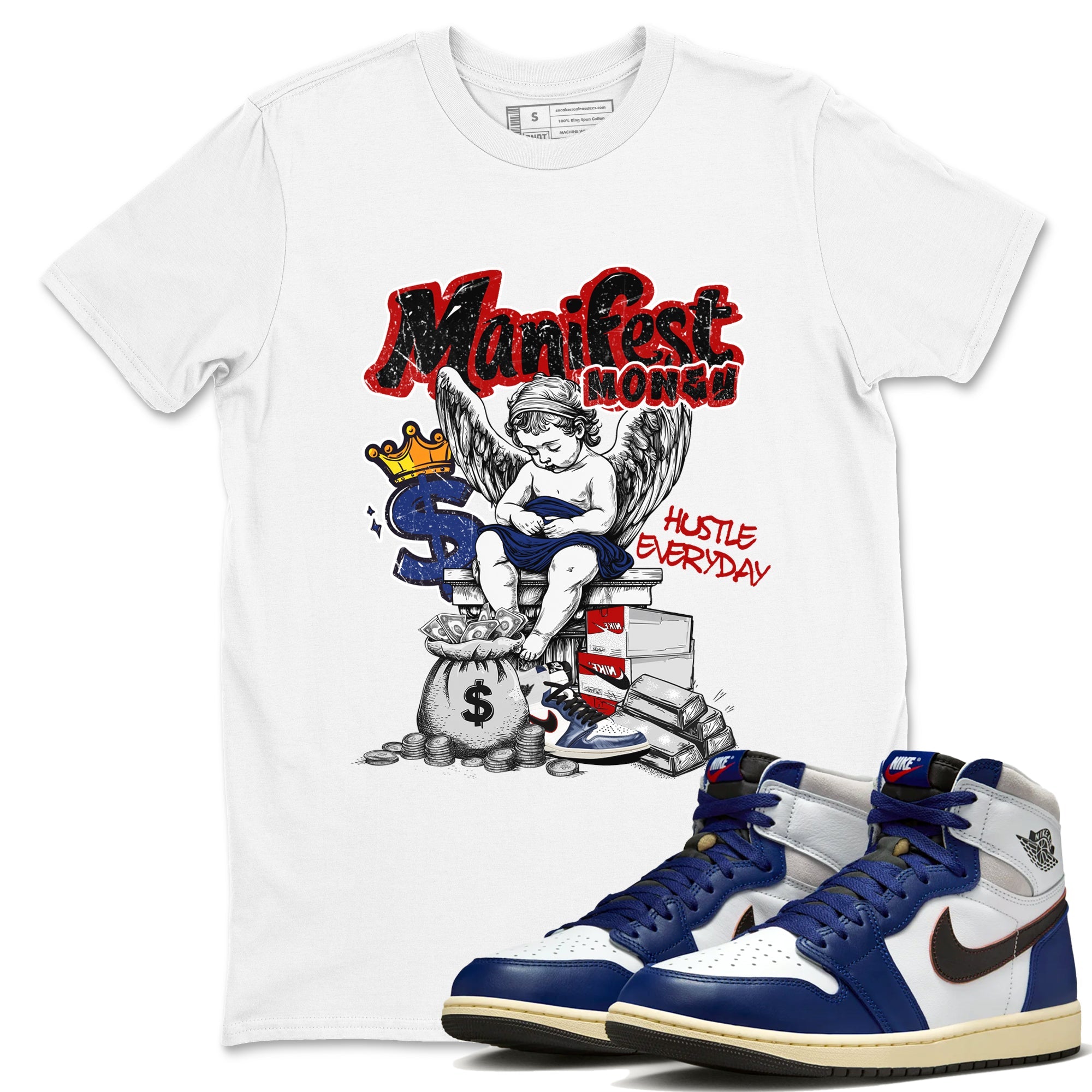 1s Rare Air shirts to match jordans Manifest Money sneaker match tees Air Jordan 1 High OG Rare Air Deep Royal Blue match shoes to clothes SNRT Sneaker Tees unisex cotton White 1 shirts