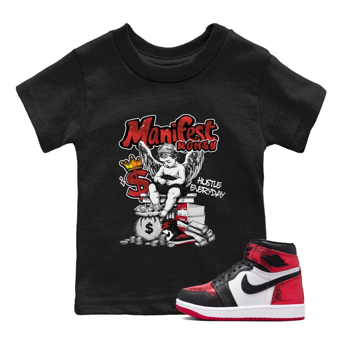 Manifest Money baby and kids t-shirt crafted for little sneakerheads to shine with the Air Jordan 1 Ruby sneakers, displayed in Black 1.
