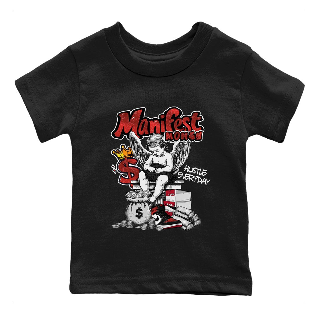 Manifest Money baby and kids t-shirt crafted for little sneakerheads to shine with the Air Jordan 1 Ruby sneakers, displayed in Black 2.