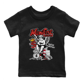 Manifest Money baby and kids t-shirt crafted for little sneakerheads to shine with the Air Jordan 1 Ruby sneakers, displayed in Black 2.