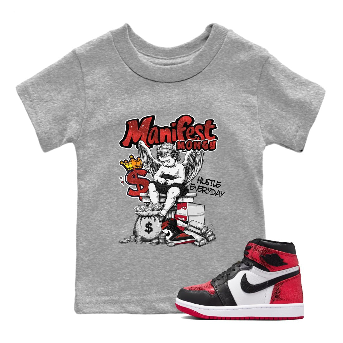 Manifest Money baby and kids t-shirt crafted for little sneakerheads to shine with the Air Jordan 1 Ruby sneakers, displayed in Heather Grey 1.