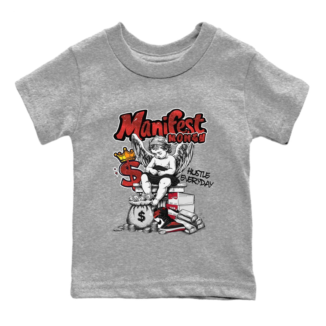 Manifest Money baby and kids t-shirt crafted for little sneakerheads to shine with the Air Jordan 1 Ruby sneakers, displayed in Heather Grey 2.
