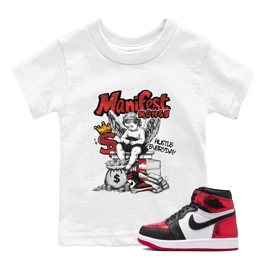 Manifest Money baby and kids t-shirt crafted for little sneakerheads to shine with the Air Jordan 1 Ruby sneakers, displayed in White 1.