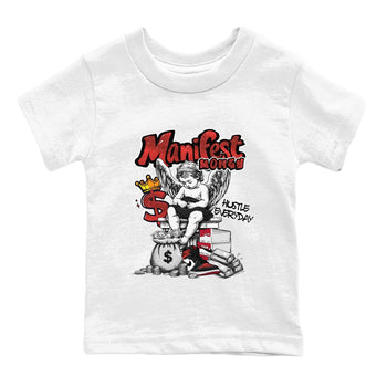 Manifest Money baby and kids t-shirt crafted for little sneakerheads to shine with the Air Jordan 1 Ruby sneakers, displayed in White 2.