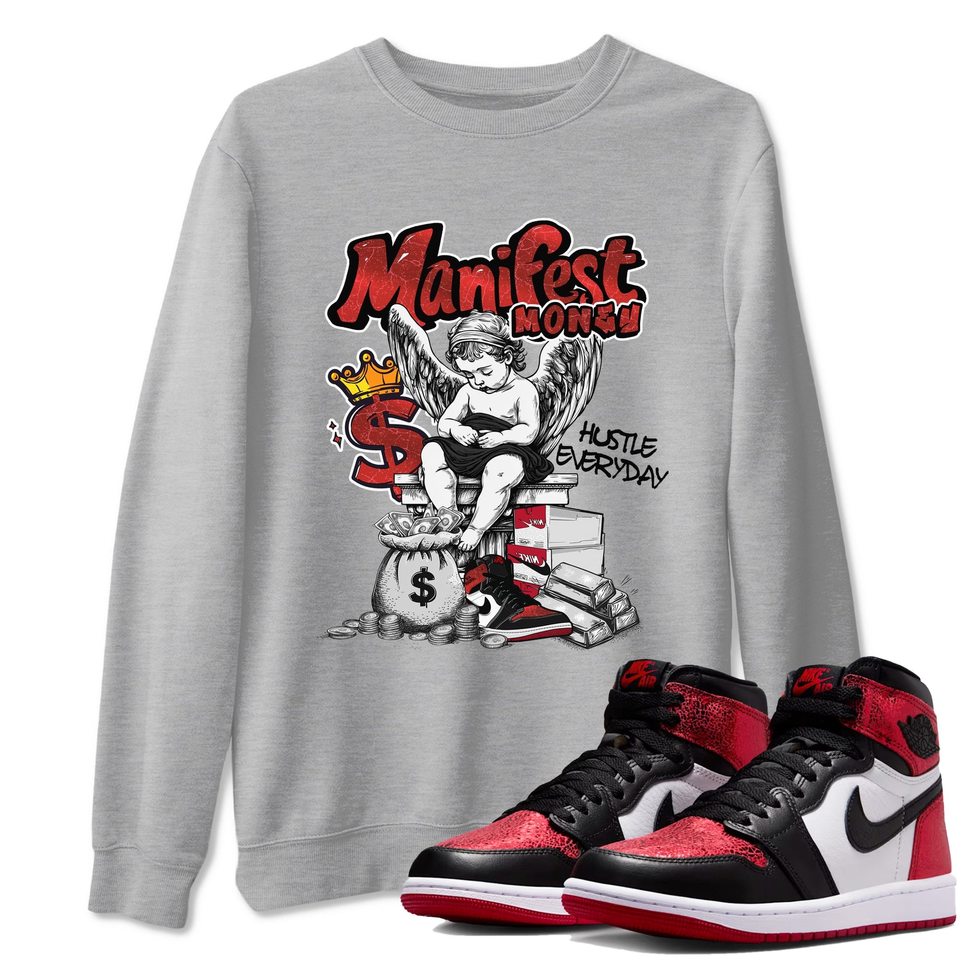 Manifest Money sneaker match t-shirt styled to complete your fit with the Air Jordan 1 Ruby sneakers, shown in Heather Grey 1.