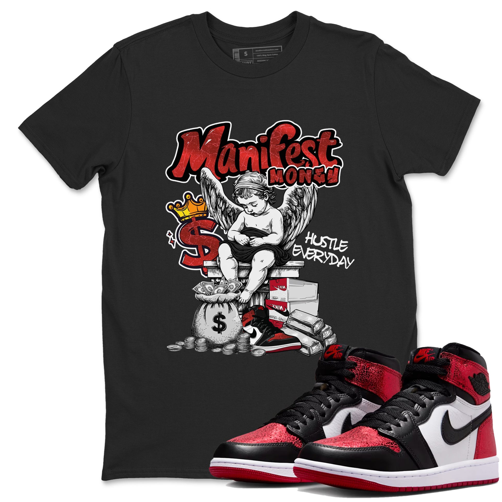 Manifest Money sneaker match t-shirt styled to complete your fit with the Air Jordan 1 Ruby sneakers, shown in Black 1.