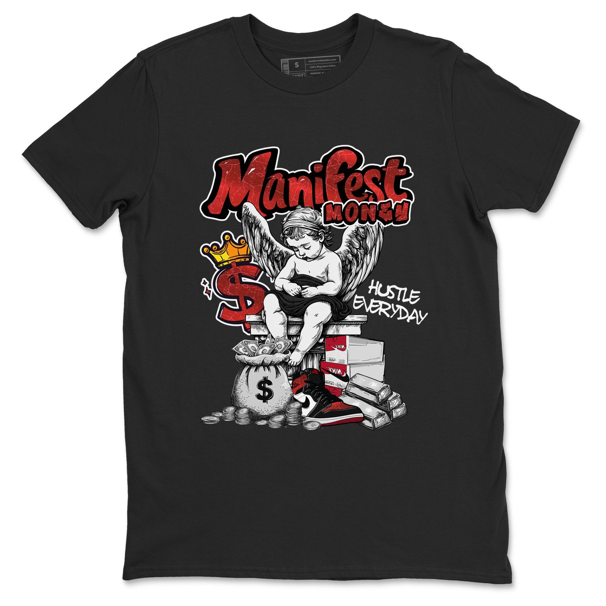 Manifest Money sneaker match t-shirt styled to complete your fit with the Air Jordan 1 Ruby sneakers, shown in Black 2.