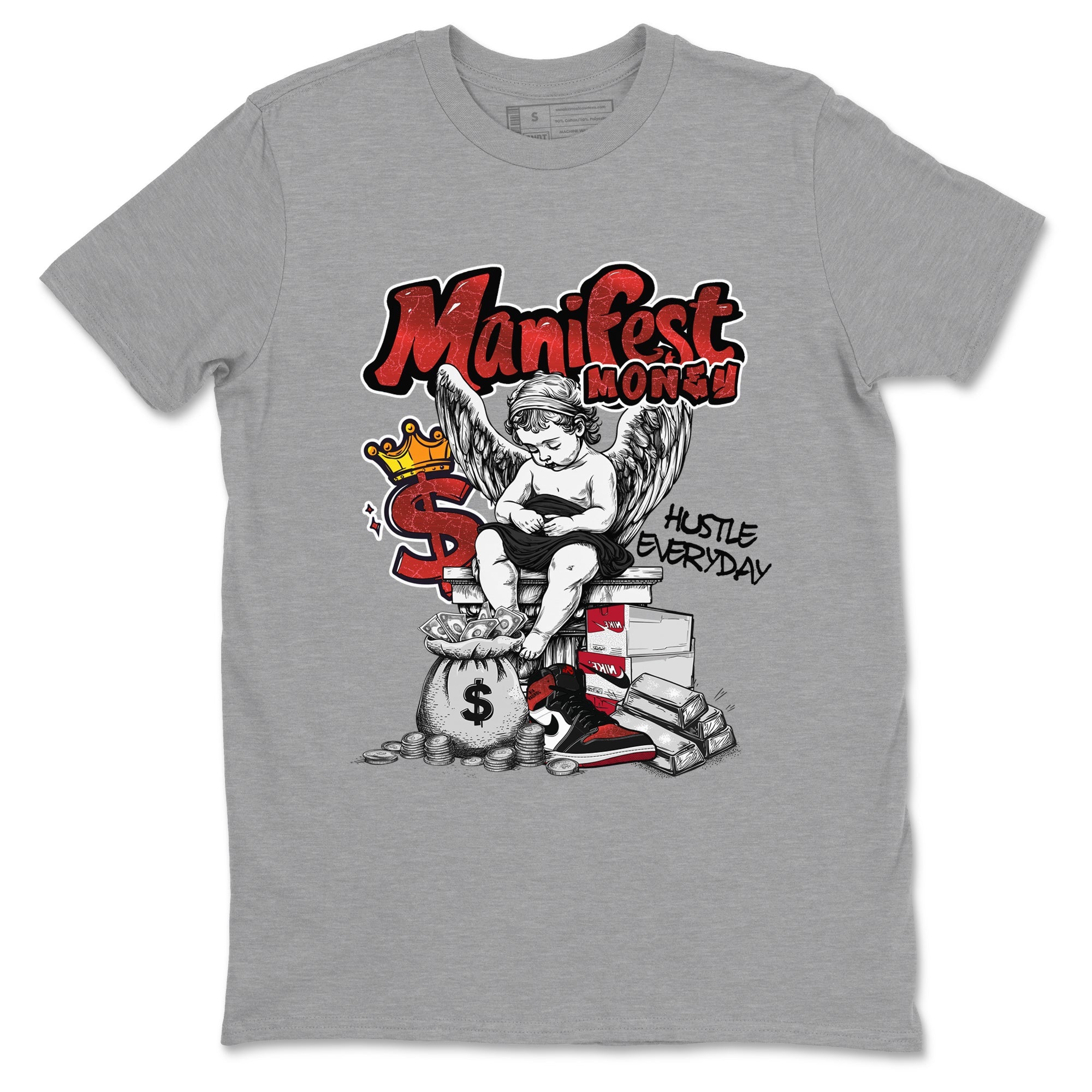 Manifest Money sneaker match t-shirt styled to complete your fit with the Air Jordan 1 Ruby sneakers, shown in Heather Grey 2.