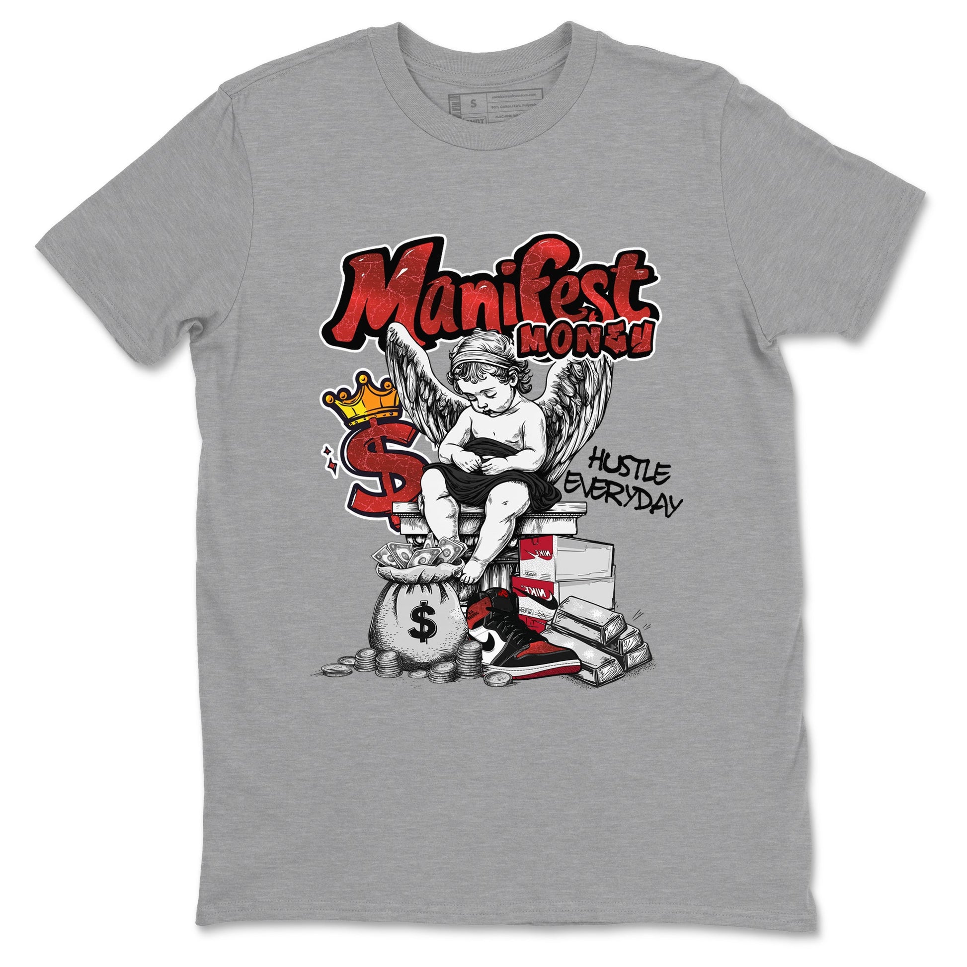 Manifest Money sneaker match t-shirt styled to complete your fit with the Air Jordan 1 Ruby sneakers, shown in Heather Grey 2.