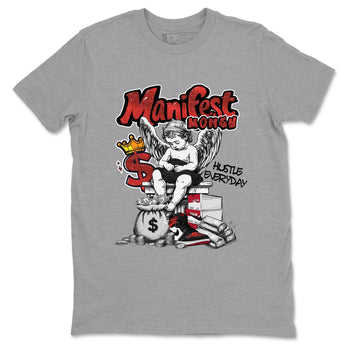 Manifest Money sneaker match t-shirt styled to complete your fit with the Air Jordan 1 Ruby sneakers, shown in Heather Grey 2.