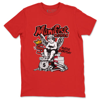 Manifest Money sneaker match t-shirt styled to complete your fit with the Air Jordan 1 Ruby sneakers, shown in Red 2.