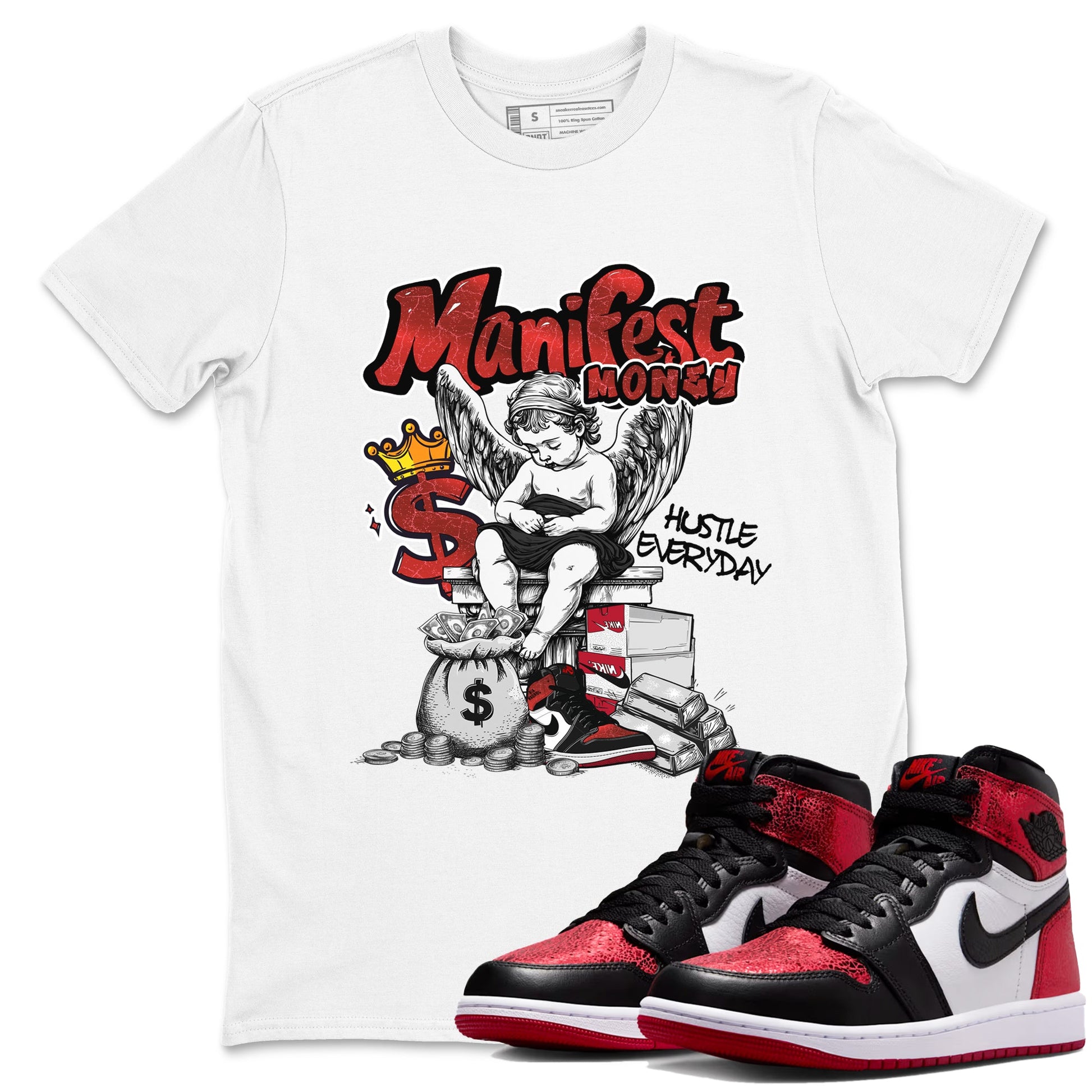 Manifest Money sneaker match t-shirt styled to complete your fit with the Air Jordan 1 Ruby sneakers, shown in White 1.