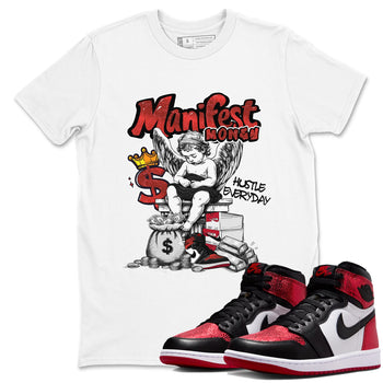 Manifest Money sneaker match t-shirt styled to complete your fit with the Air Jordan 1 Ruby sneakers, shown in White 1.