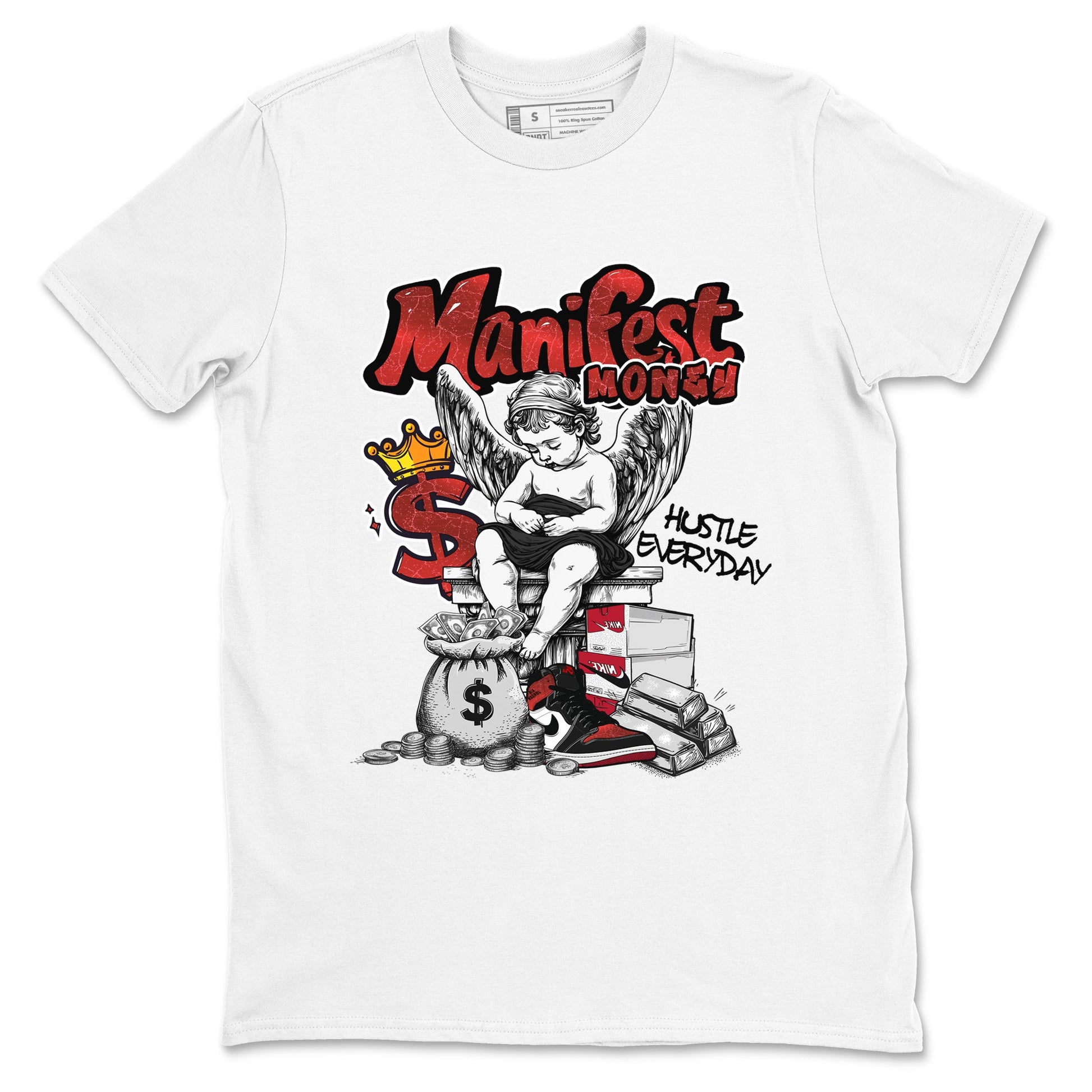 Manifest Money sneaker match t-shirt styled to complete your fit with the Air Jordan 1 Ruby sneakers, shown in White 2.