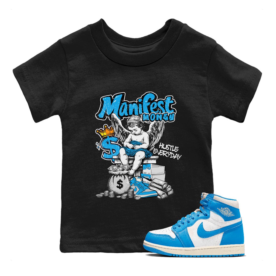 Manifest Money baby and kids t-shirt crafted for little sneakerheads to shine with the Air Jordan 1 UNC Reimagined sneakers, displayed in Black 1.