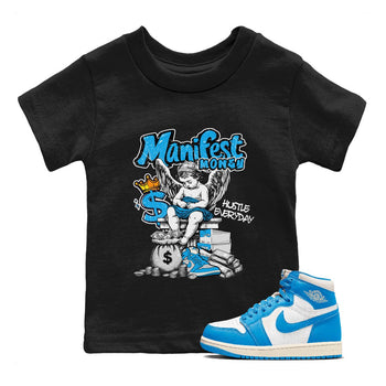 Manifest Money baby and kids t-shirt crafted for little sneakerheads to shine with the Air Jordan 1 UNC Reimagined sneakers, displayed in Black 1.