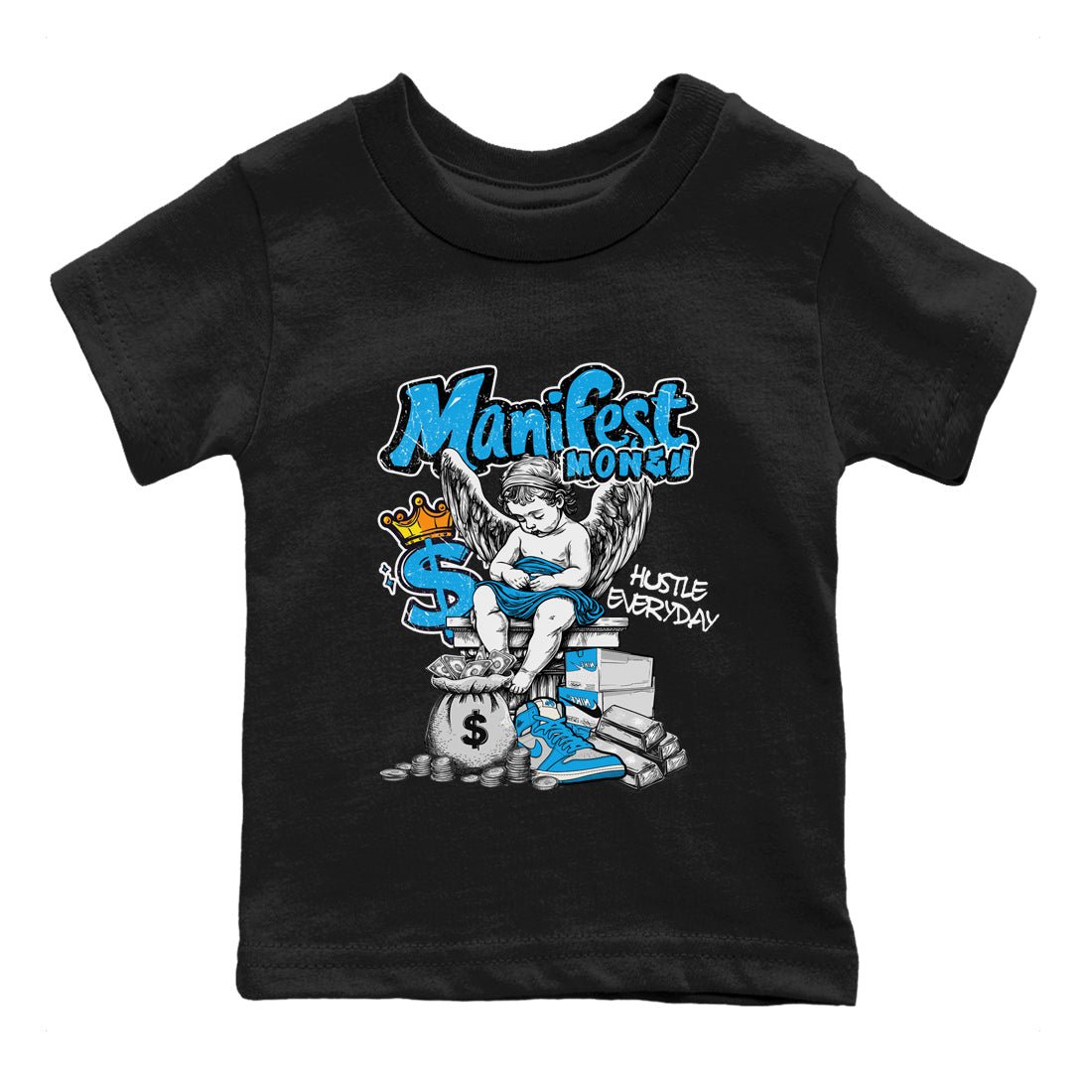 Manifest Money baby and kids t-shirt crafted for little sneakerheads to shine with the Air Jordan 1 UNC Reimagined sneakers, displayed in Black 2.