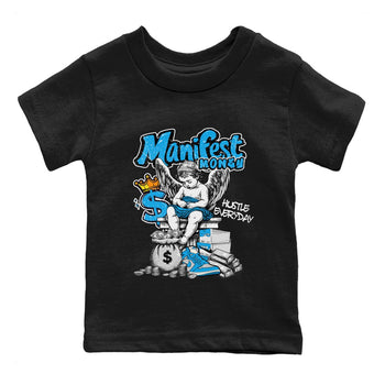Manifest Money baby and kids t-shirt crafted for little sneakerheads to shine with the Air Jordan 1 UNC Reimagined sneakers, displayed in Black 2.
