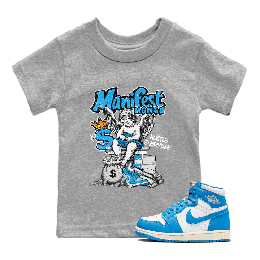 Manifest Money baby and kids t-shirt crafted for little sneakerheads to shine with the Air Jordan 1 UNC Reimagined sneakers, displayed in Heather Grey 1.
