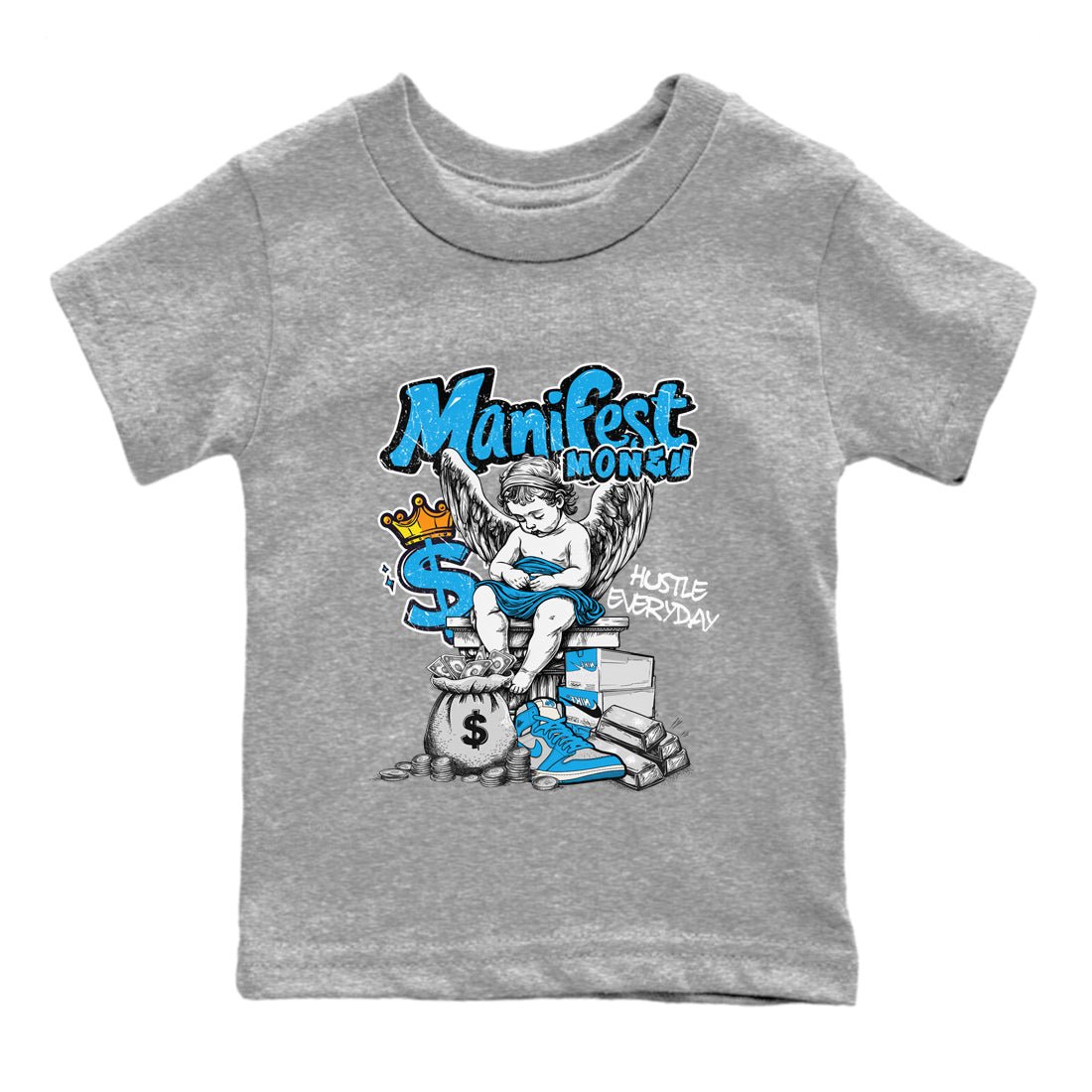 Manifest Money baby and kids t-shirt crafted for little sneakerheads to shine with the Air Jordan 1 UNC Reimagined sneakers, displayed in Heather Grey 2.