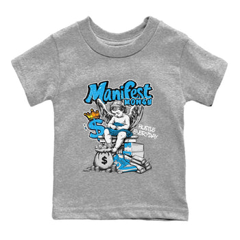 Manifest Money baby and kids t-shirt crafted for little sneakerheads to shine with the Air Jordan 1 UNC Reimagined sneakers, displayed in Heather Grey 2.