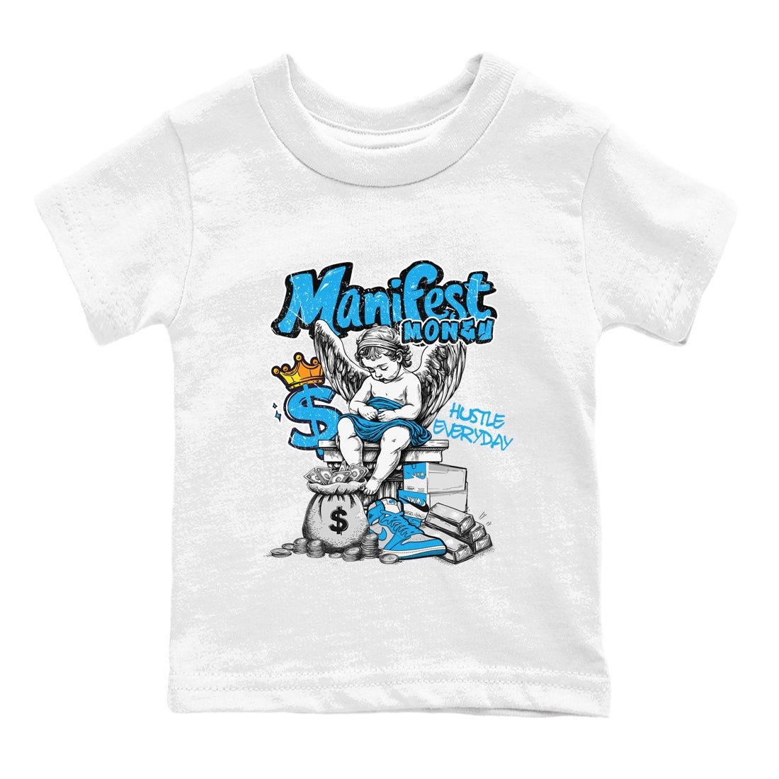 Manifest Money baby and kids t-shirt crafted for little sneakerheads to shine with the Air Jordan 1 UNC Reimagined sneakers, displayed in White 2.