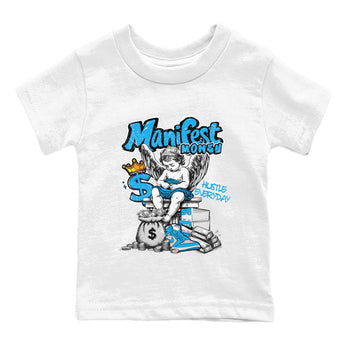 Manifest Money baby and kids t-shirt crafted for little sneakerheads to shine with the Air Jordan 1 UNC Reimagined sneakers, displayed in White 2.